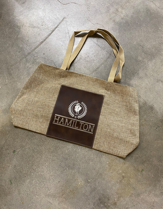 Hamiltonian Seal Burlap Bag with Rustic/Gold Leatherette Pocket & Gusset